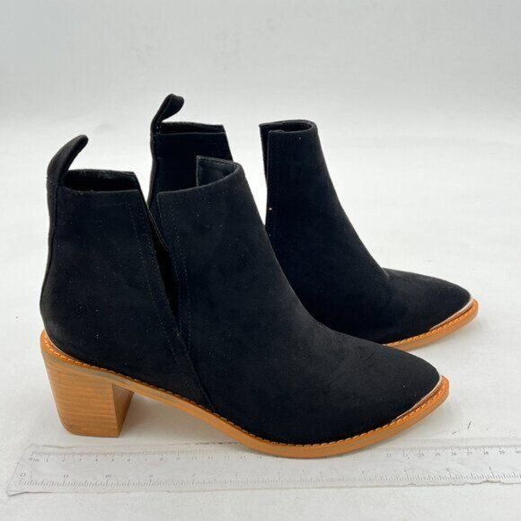 Women's Ankle Boots Slip on Cutout Pointed Toe Chunky Stacked Mid Heel Black - Picture 2 of 6